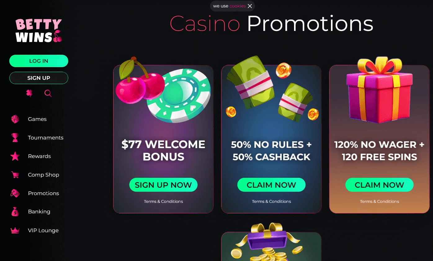 Betty Wins Casino promotions on desktop